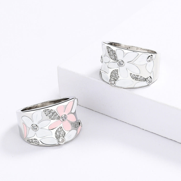 Two‑Tone Enamel Floral Wide Band Ring, Two Colors Available