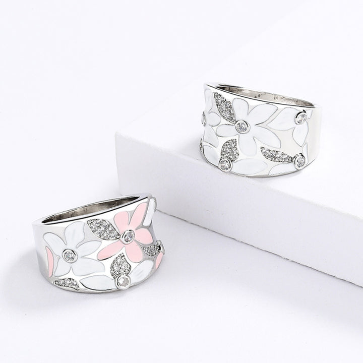 Two‑Tone Enamel Floral Wide Band Ring, Two Colors Available