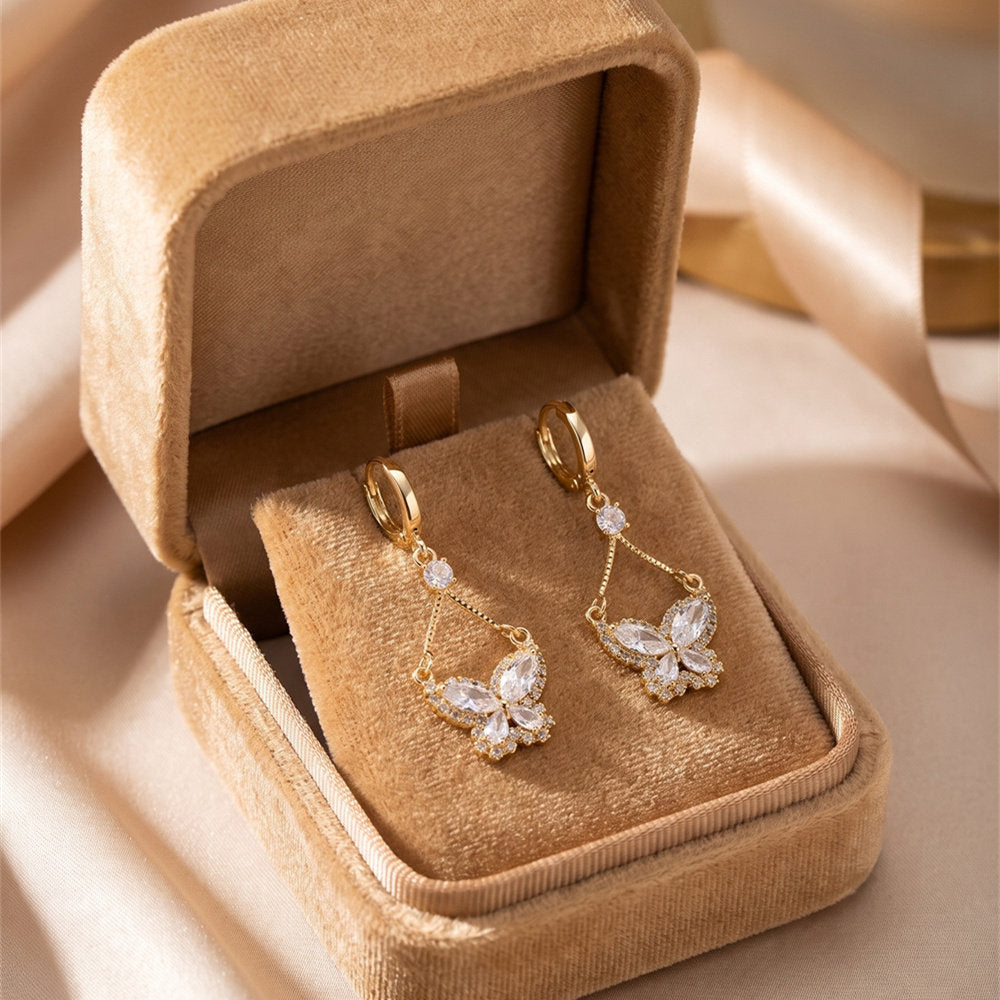 Gold Diamond Butterfly Long Drop Huggie Earrings, Luxury Dainty Chain Butterfly Earrings