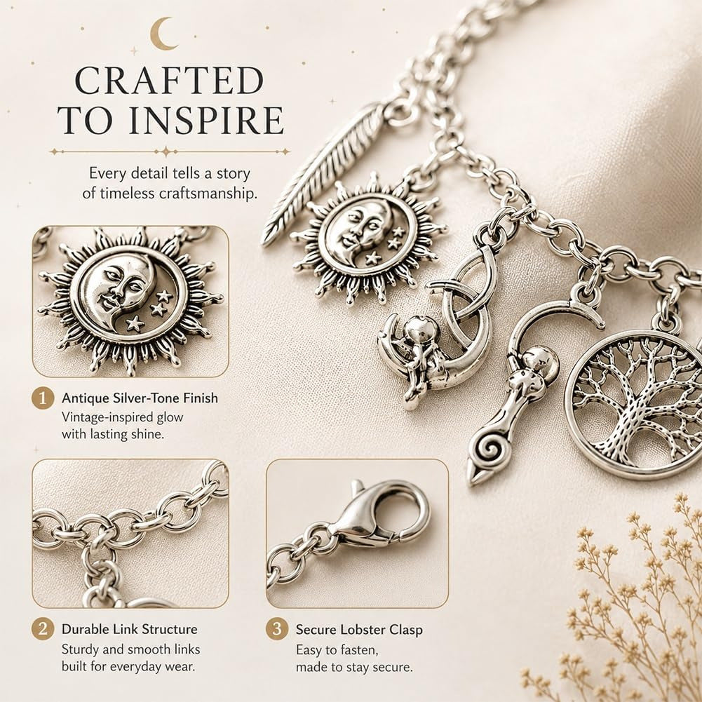 Celtic Mystical Symbol Multi-Charm Antiqued Bracelet, Solid S925 Silver Pagan Witch Sun Moon Tree of Life Multi-Pendant Wrist Jewelry