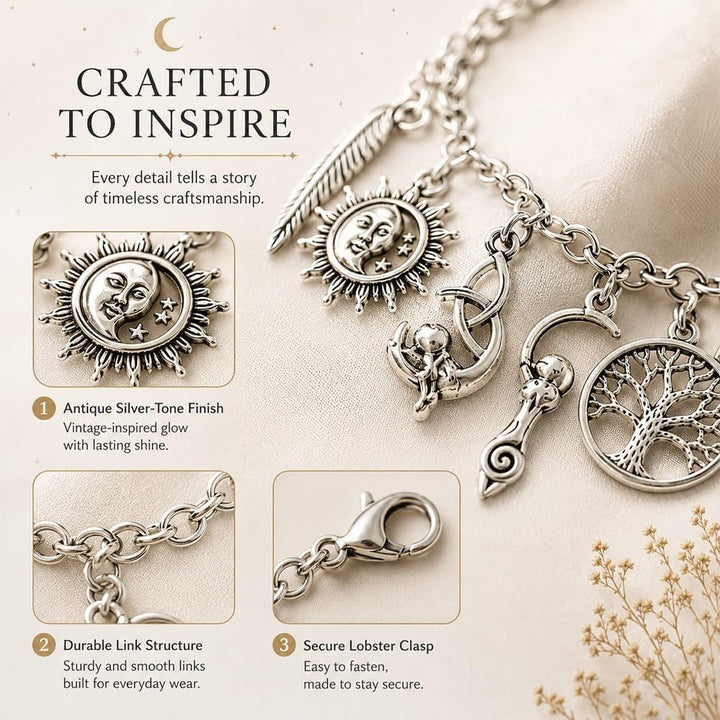 Celtic Mystical Symbol Multi-Charm Antiqued Bracelet, Solid S925 Silver Pagan Witch Sun Moon Tree of Life Multi-Pendant Wrist Jewelry