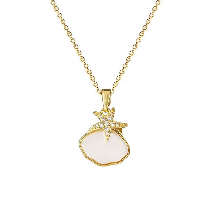 Gold-Plated Copper Starfish & Shell Pendant Necklace with Micro Zircon — Minimalist Chic