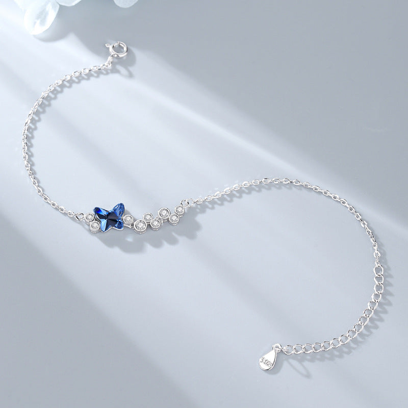 S925 Sterling Silver Blue Butterfly Crystal Bracelet for Women