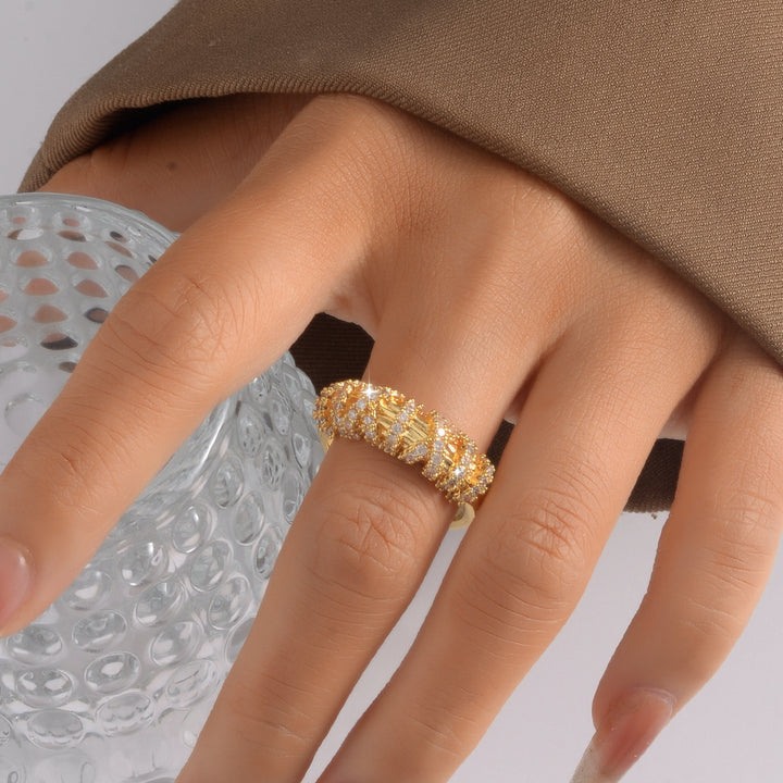 Two-Tone Intertwined Twist Multi-Layer Diamond Ring, Luxury Two-Tone Woven Line Wide Statement Band