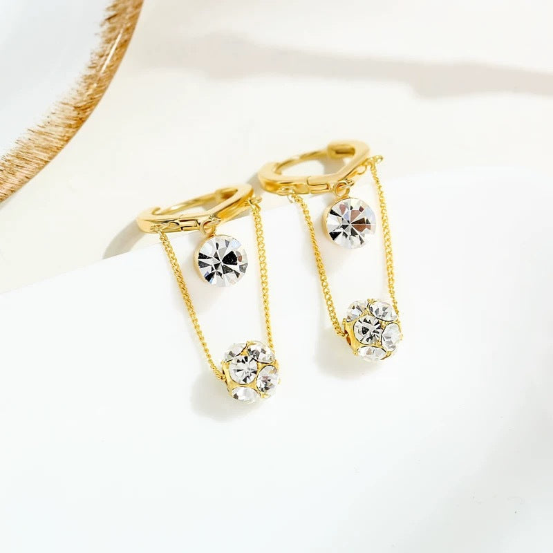 Double Layer Tassel Ball Diamond Huggie Earrings