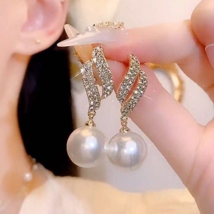 Gold Twisted Paved Diamond Pearl Drop S925 Silver Earrings, Elegant Luxury Long Pearl Dangle Earrings