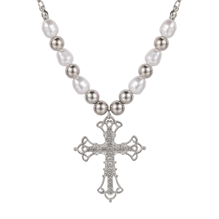Baroque Pearl & Pavé Cross Necklace (Goth Sweet & Edgy Choker)