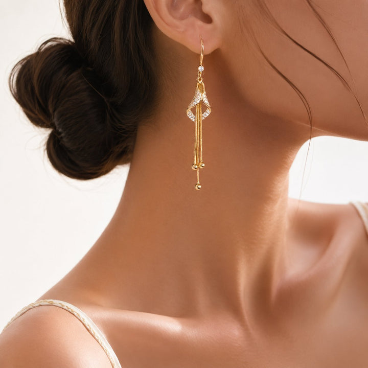 Gold Hollow‑Out Teardrop Diamond Long Tassel Hook Earrings for Women