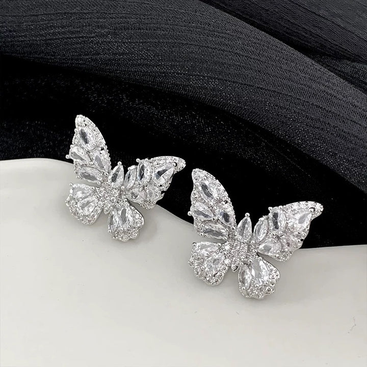 Full Diamond 3D Butterfly S925 Silver Stud Earrings