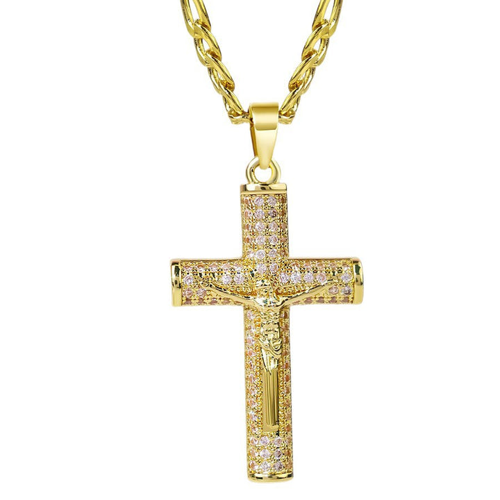Large Diamond Cross Pendant Necklace with Gold-Plated Cuban Chain