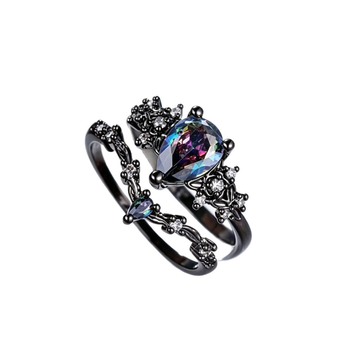 Antiqued Black Teardrop Mystic Diamond Double Layer Hollow Ring, S925 Silver Dark Palace Style Stackable Women’s Band