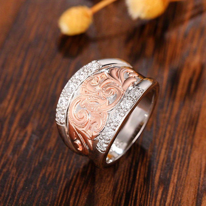 Two-Tone Vintage Scroll Wide S925 Silver Ring, European Embossed Diamond Paved Royal Statement Ring
