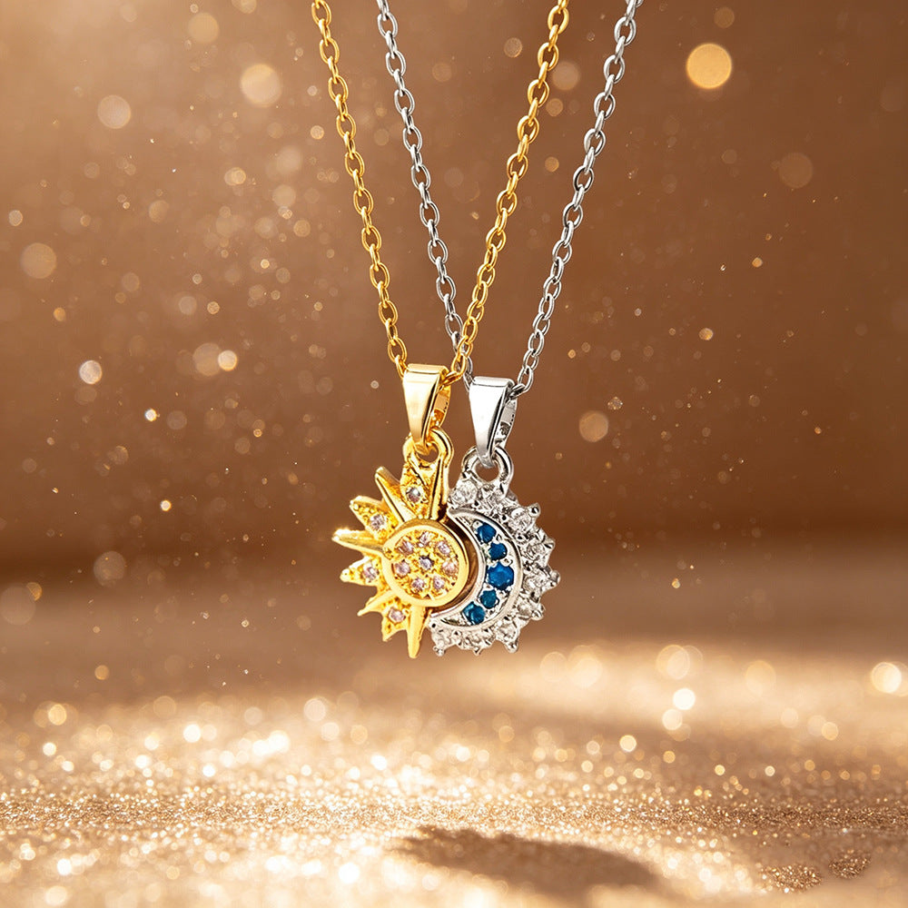 Detachable Sun & Moon Couple Necklaces, Multi-Color Paved Diamond Split Star Moon Pendant Dainty Clavicle Necklace