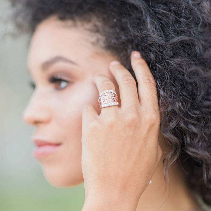 Two-Tone Vintage Scroll Wide S925 Silver Ring, European Embossed Diamond Paved Royal Statement Ring