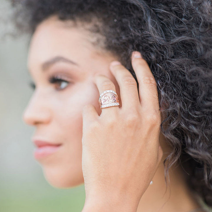 Two-Tone Vintage Scroll Wide S925 Silver Ring, European Embossed Diamond Paved Royal Statement Ring