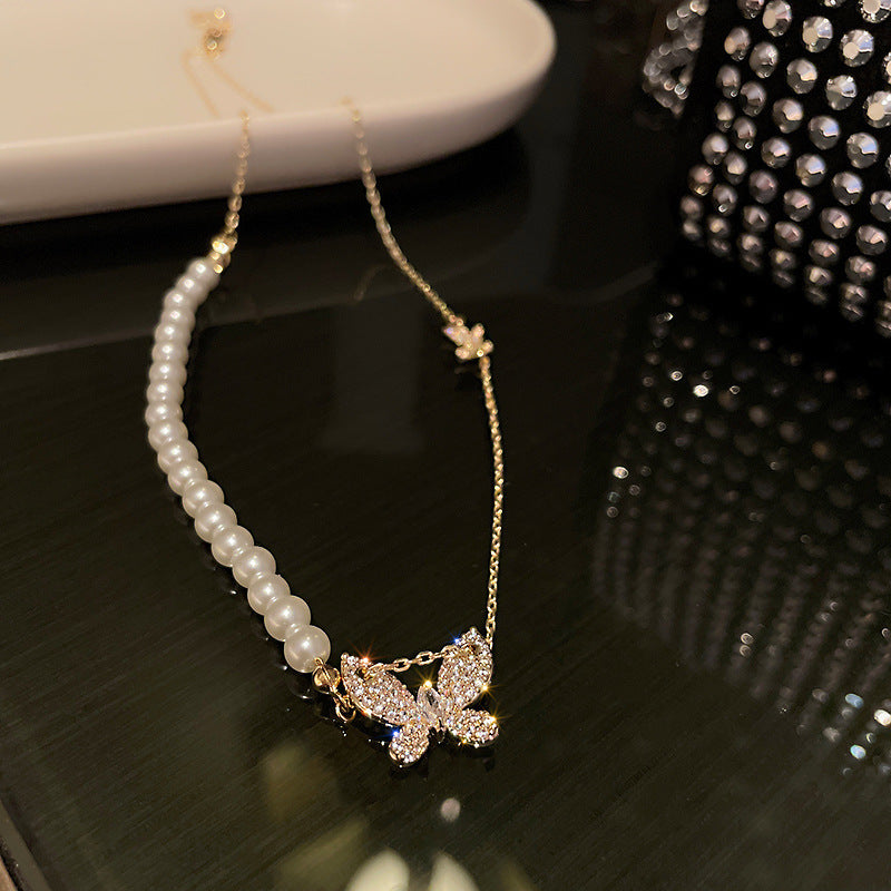 Asymmetrical Pearl Pave Diamond Butterfly Collarbone Necklace, French Gentle Style Niche Butterfly Pendant Thin Chain