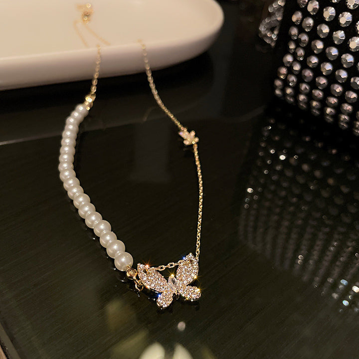Asymmetrical Pearl Pave Diamond Butterfly Collarbone Necklace, French Gentle Style Niche Butterfly Pendant Thin Chain