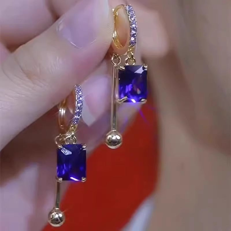 Sterling Silver Plated 18K Gold Geometric Square Colored Diamond Luxury Earrings (High-End Light Luxury Style)
