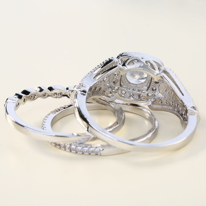 Vintage Milgrain Halo 3-Piece Bridal Ring Set, Solid S925 Silver 3-Tone Heavy Stackable Engagement Band Set