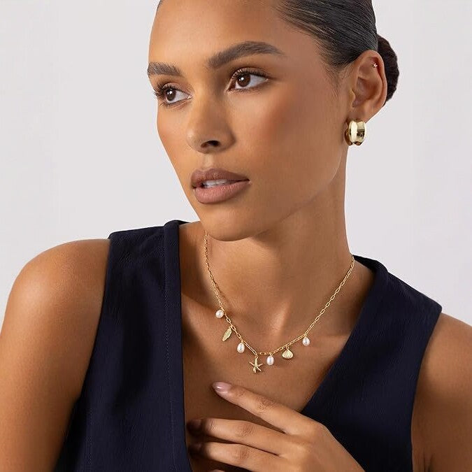 Beach Vacation Starfish Shell Feather Pearl Necklace, Simple Multi-Charm Ocean Style Clavicle Chain for Women