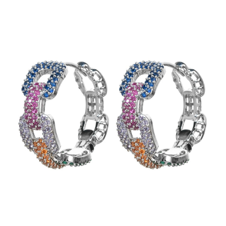 Chunky Chain Color Gradient Paved Hoop Earrings, Hip Hop Geometric Link Luxury Leverback Earrings for Women