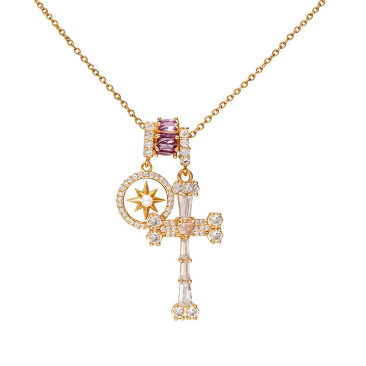 Vintage Eight-pointed Star & Multi-stone Cross Pendant Necklace, Luxury Diamond Faith Jewelry