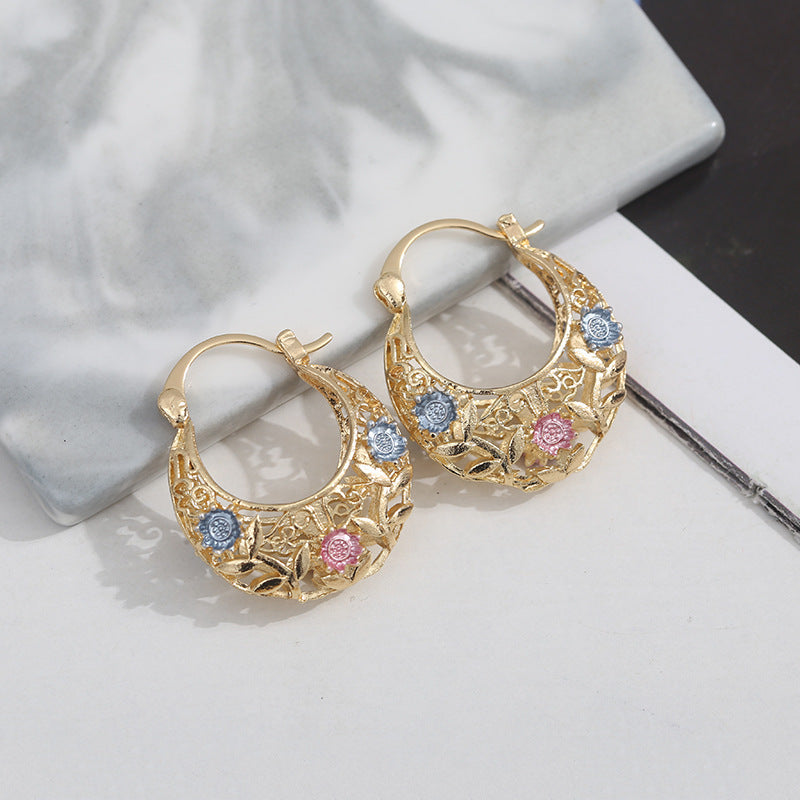 Tri-Tone Hollow Floral Leaf Hoop Earrings, Vintage Garden Style Two-Tone Leverback Earrings for Women