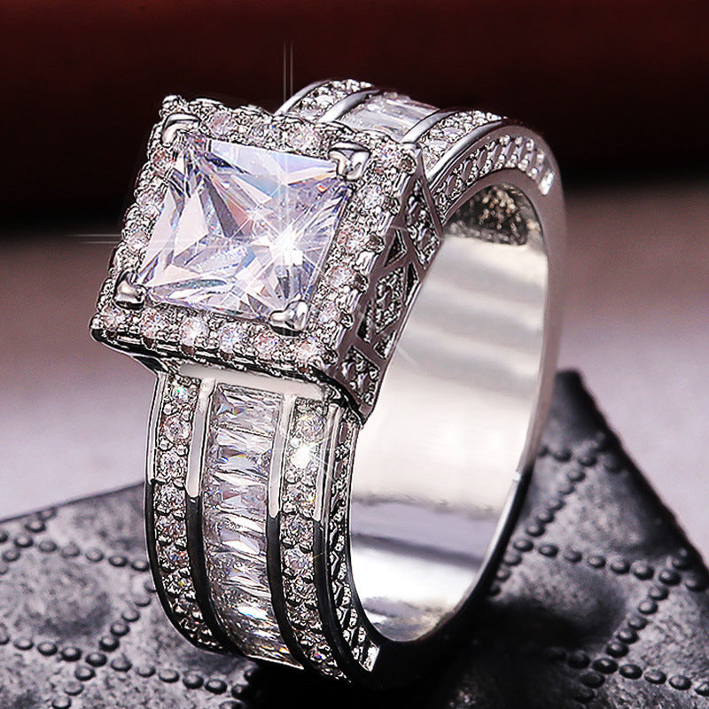 S925 Silver Square-Cut Sparkling Diamond Ring – Elegant Engagement & Proposal Ring