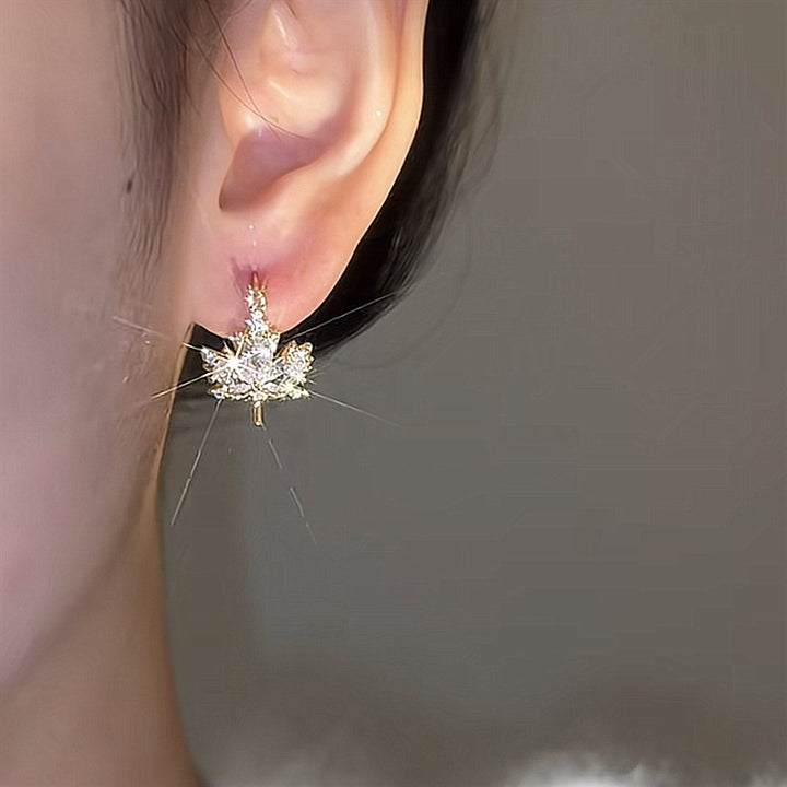 Two-Sided Clear/Orange Diamond Maple Leaf Huggie Earrings (Dual-Color Design (Front and Back))