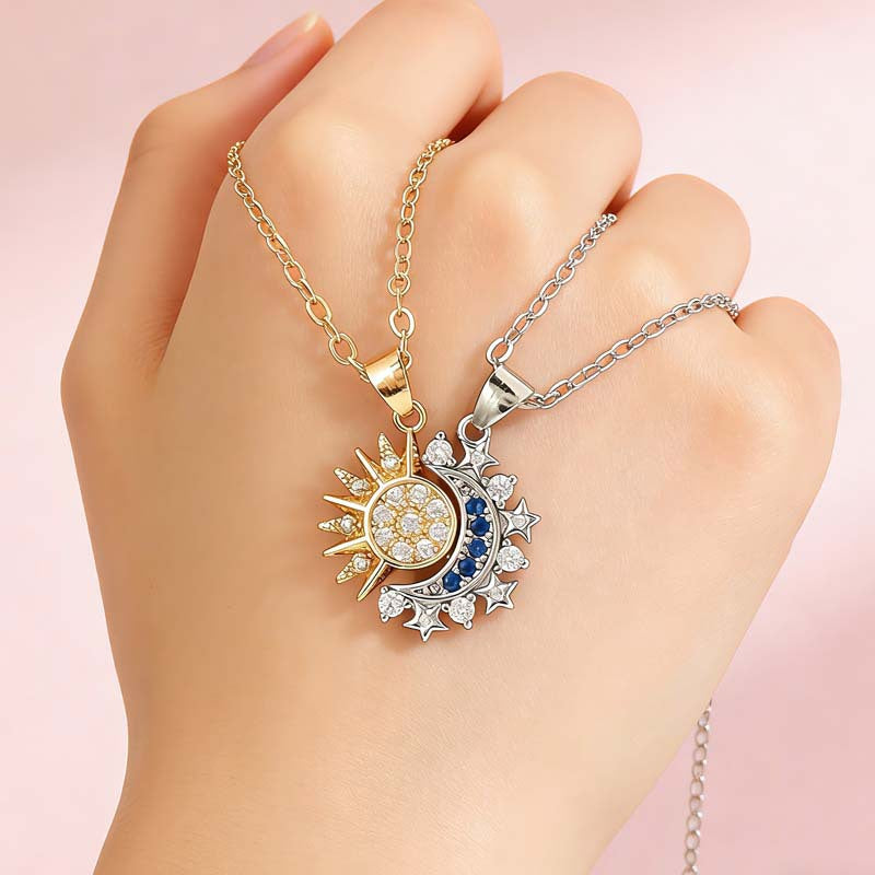 Detachable Sun & Moon Couple Necklaces, Multi-Color Paved Diamond Split Star Moon Pendant Dainty Clavicle Necklace