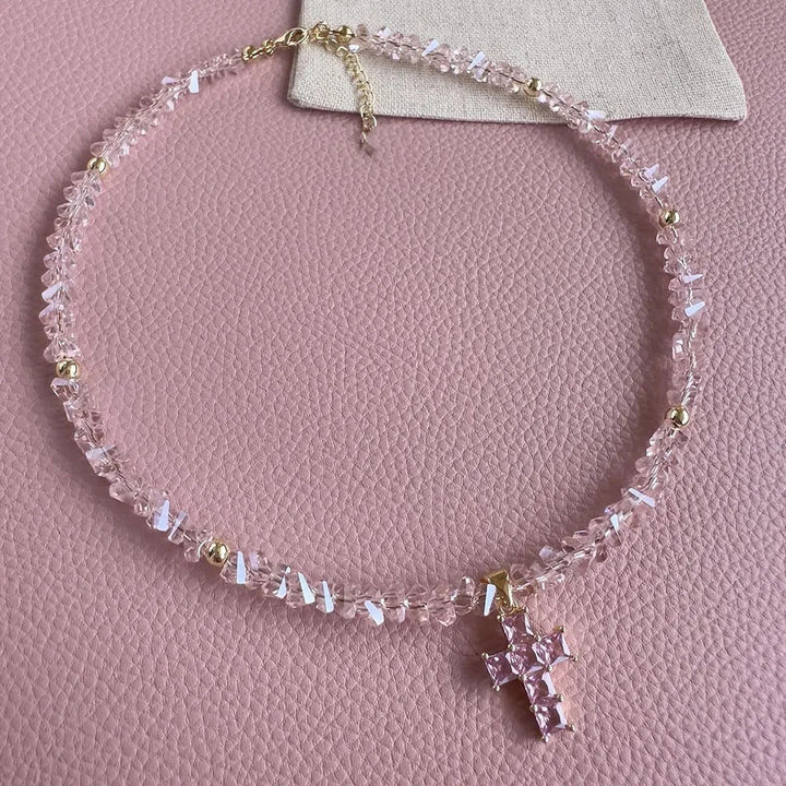 Faceted Diamond Cross & Heart Diamond Choker, Colorful Y2K Sweet Cool Collarbone Necklace