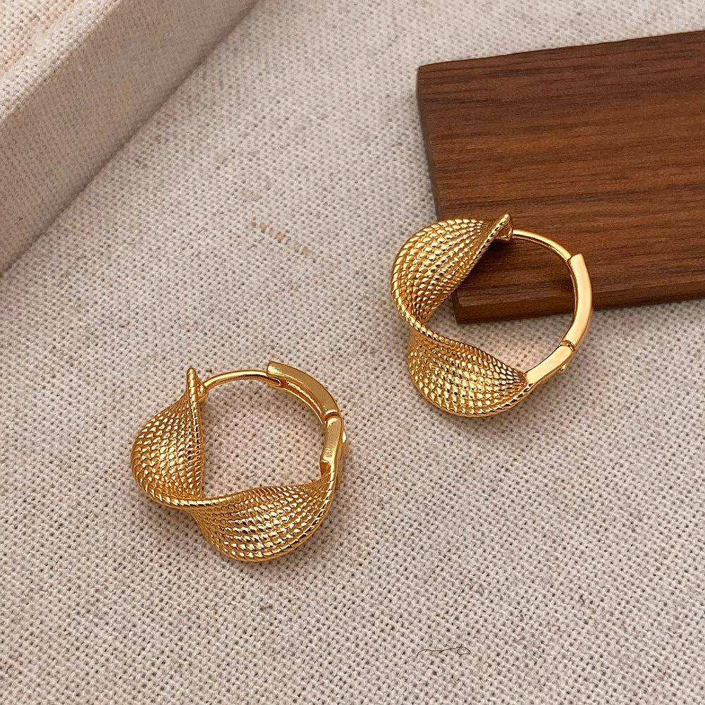 Textured Twisted Leaf Click Hoop Earrings, Gold & Silver Vintage Weave Texture Hoops