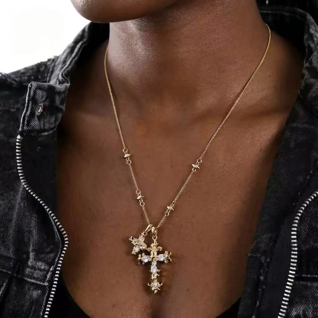 Vintage Double Cross Diamond Necklace, S925 Sterling Silver Gothic Twin Cross Pendant, Gold & Silver Two-Tone Unique Clavicle Chain