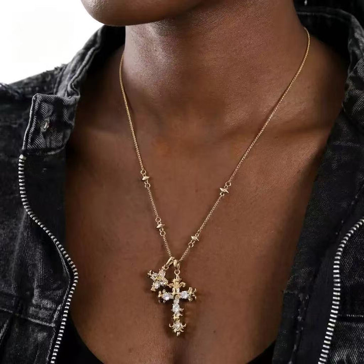 Vintage Double Cross Diamond Necklace, S925 Sterling Silver Gothic Twin Cross Pendant, Gold & Silver Two-Tone Unique Clavicle Chain