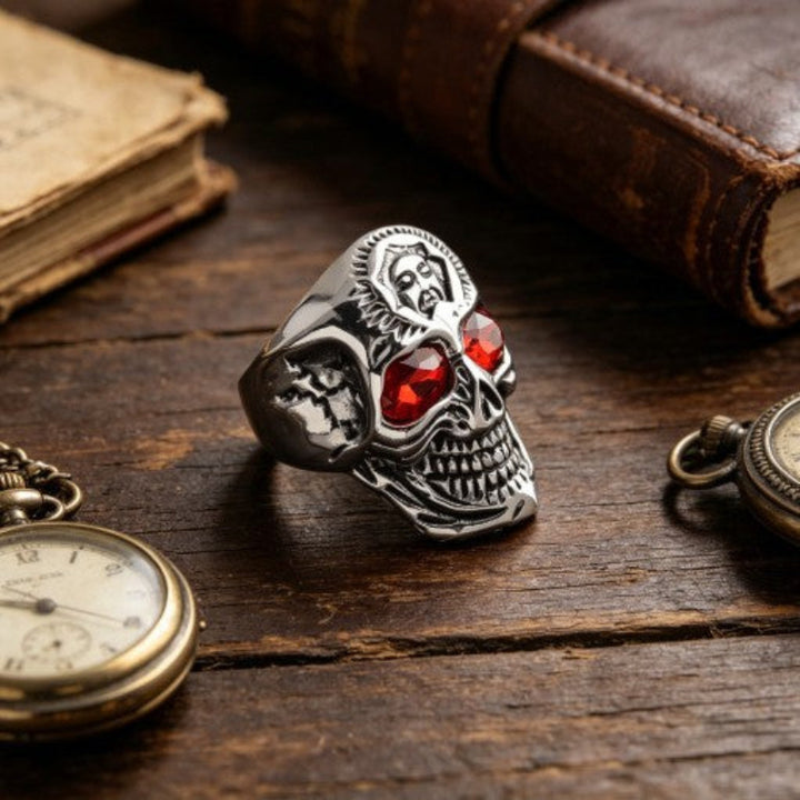 Red Gem Eye 3D Skull Embossed Ring, S925 Silver Antiqued Dark Biker Wide Band For Men