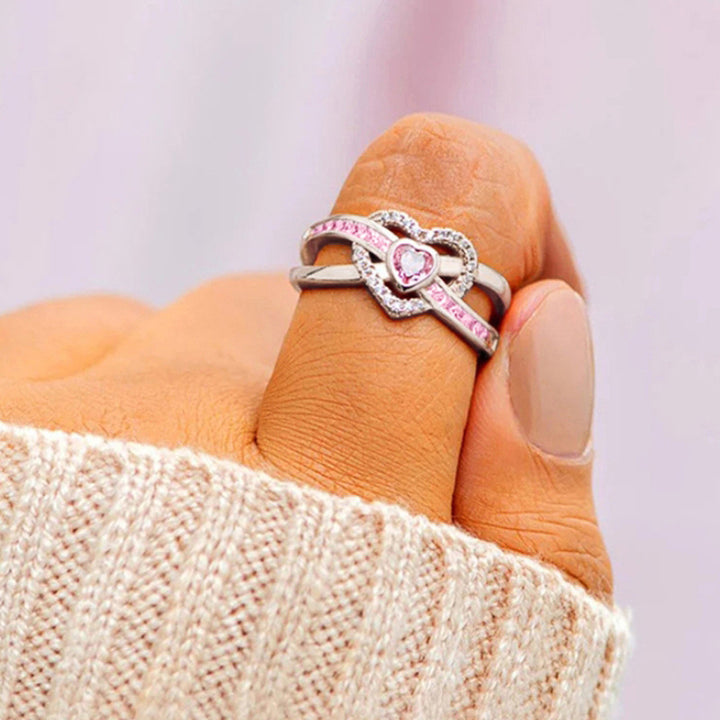 Sweet Pink Heart Intertwined Ring (Girly Paved Statement Band)