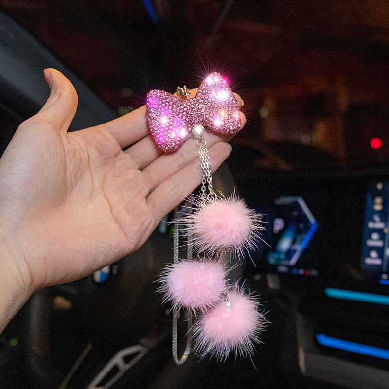 Sparkling Bow Car Hanging Ornament with Pink Fluffy Pom Charms