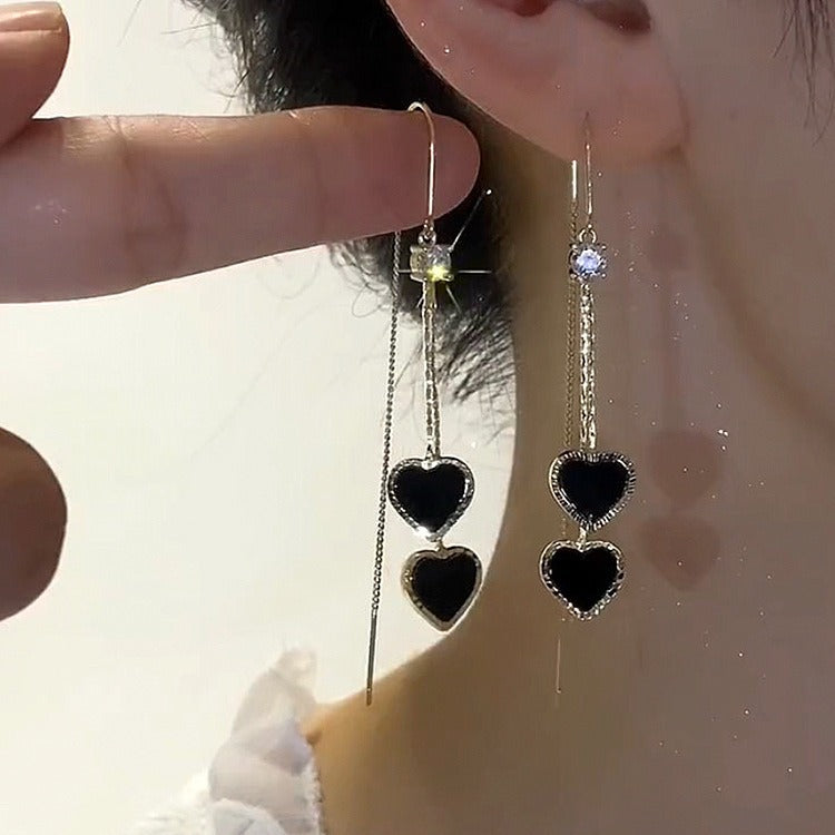Double Black Heart Tassel Threader Earrings (Luxury Sweet & Edgy Earrings)