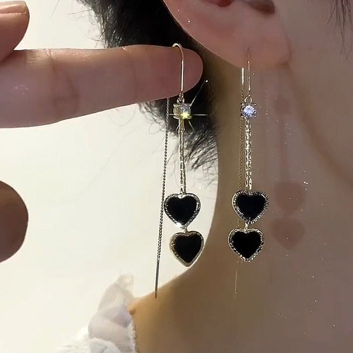 Double Black Heart Tassel Threader Earrings (Luxury Sweet & Edgy Earrings)