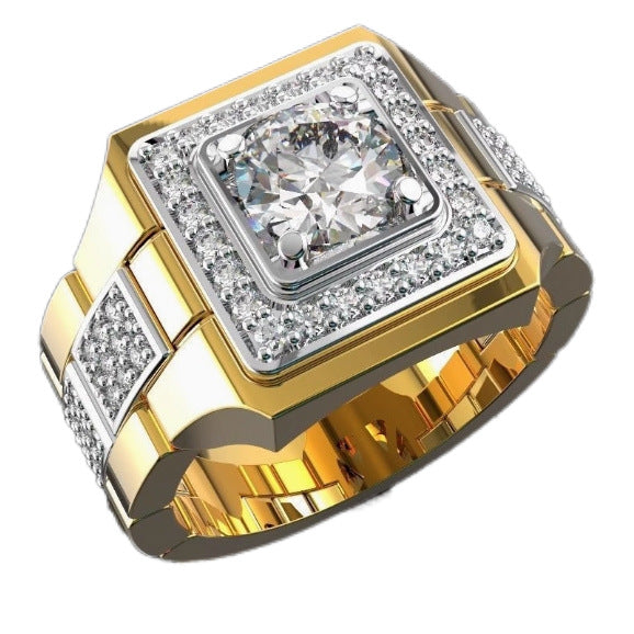 Square Center Stone Paved Two-Tone Men's Ring, Luxurious Two-Tone Diamond Business Band