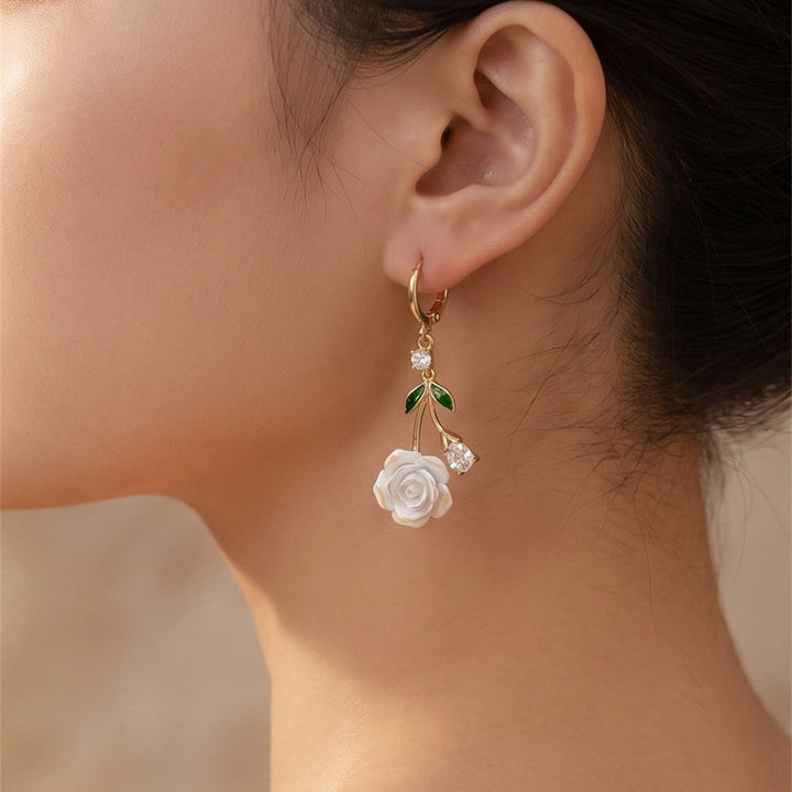 Iridescent White Rose Drop Huggie Earrings, French Fresh Green Leaf Diamond S925 Silver Long Earrings