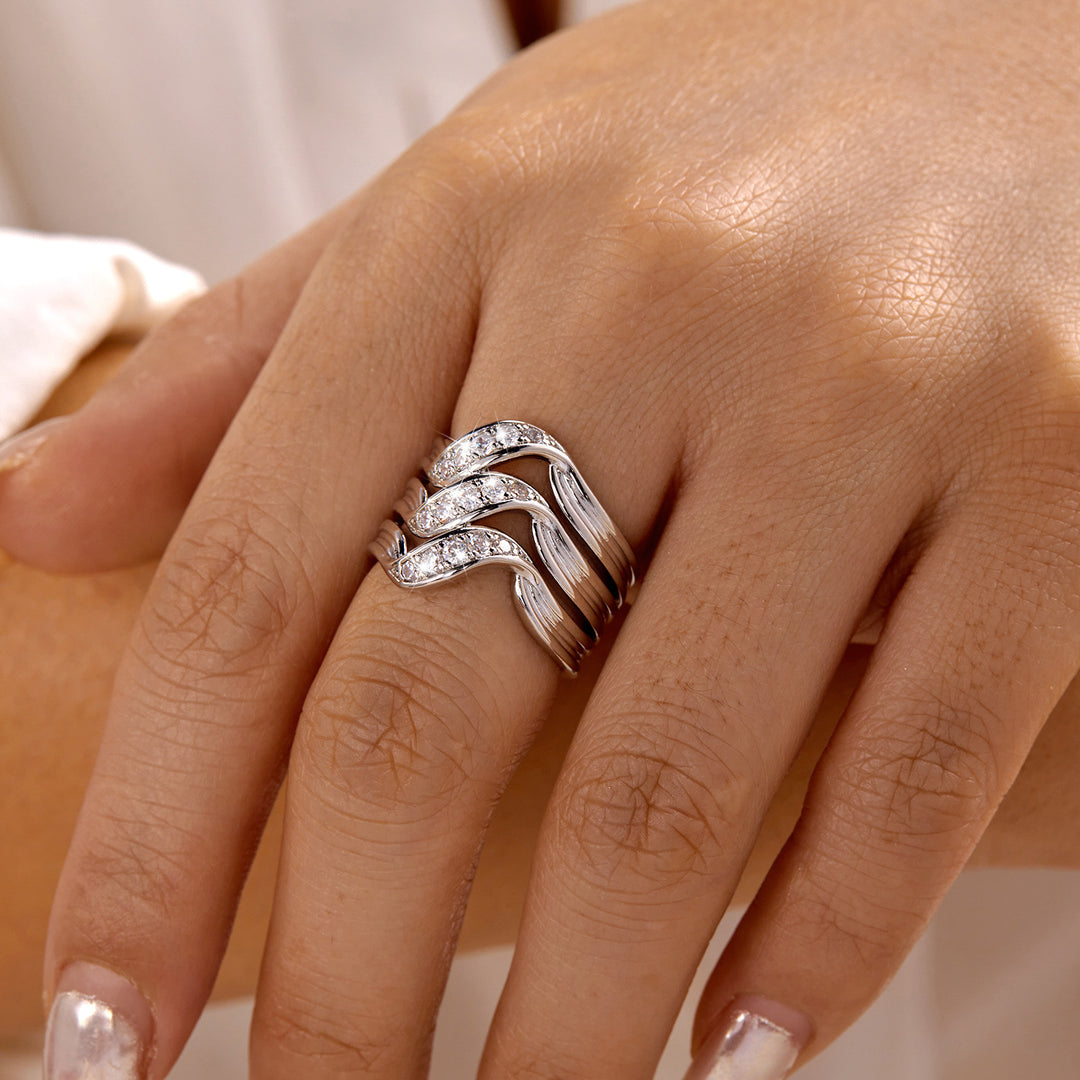 Multi-Layer Wave Diamond Wide Band Ring, European Heavy-Duty Streamlined Textured S925 Silver Ring for Women