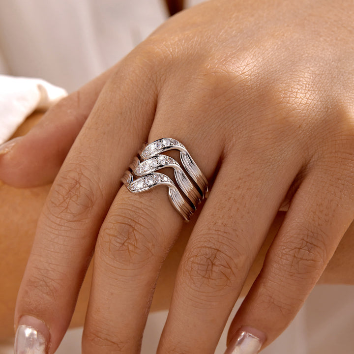 Multi-Layer Wave Diamond Wide Band Ring, European Heavy-Duty Streamlined Textured S925 Silver Ring for Women