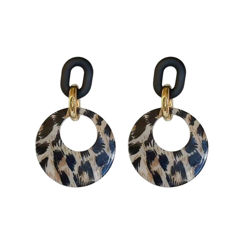 S925 Silver Leopard‑Print Hollow Circle Link Drop Earrings, Retro Contrast‑Color Dangle Earrings for Women