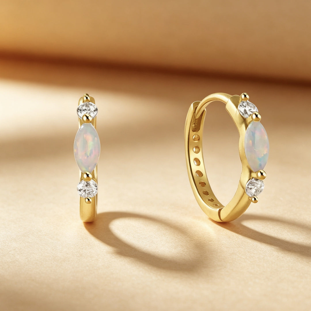 Marquise Opal Mini Click Hoop Earrings, Iridescent Opal Tiny Hoops Gold & Silver Dainty Daily Jewelry