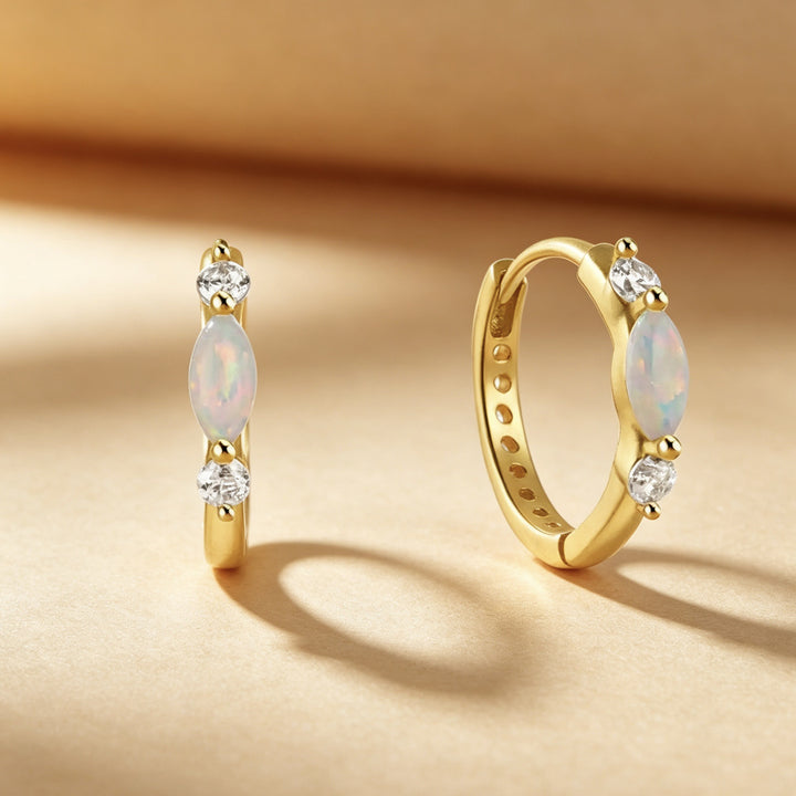 Marquise Opal Mini Click Hoop Earrings, Iridescent Opal Tiny Hoops Gold & Silver Dainty Daily Jewelry