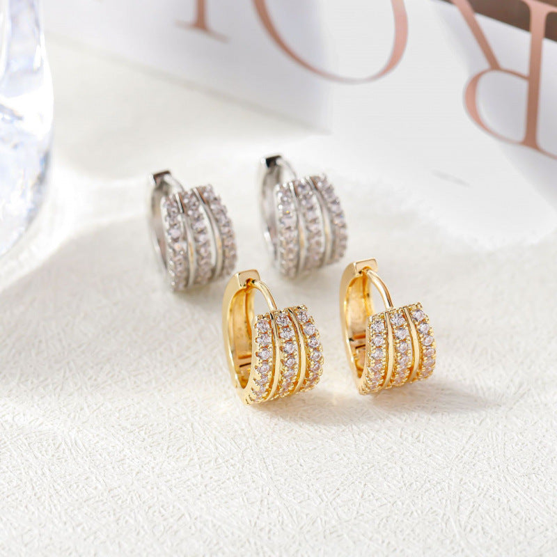 Multi‑Row Pave‑Set C‑Shape Huggie S925 Silver Earrings