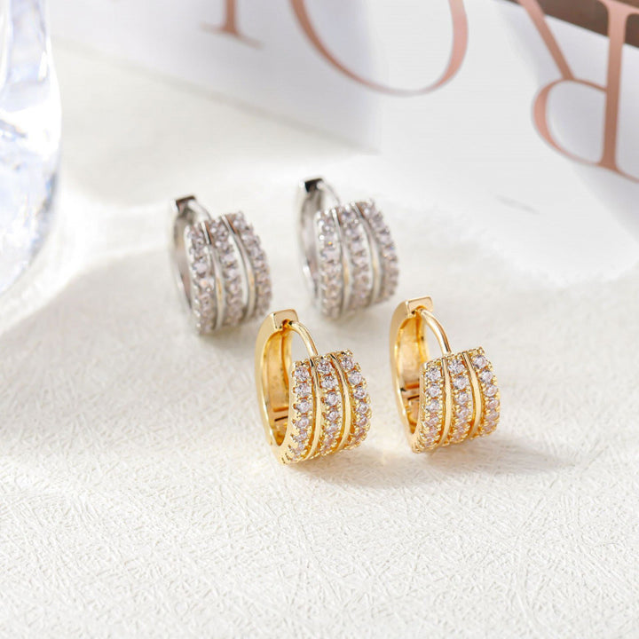 Multi‑Row Pave‑Set C‑Shape Huggie S925 Silver Earrings