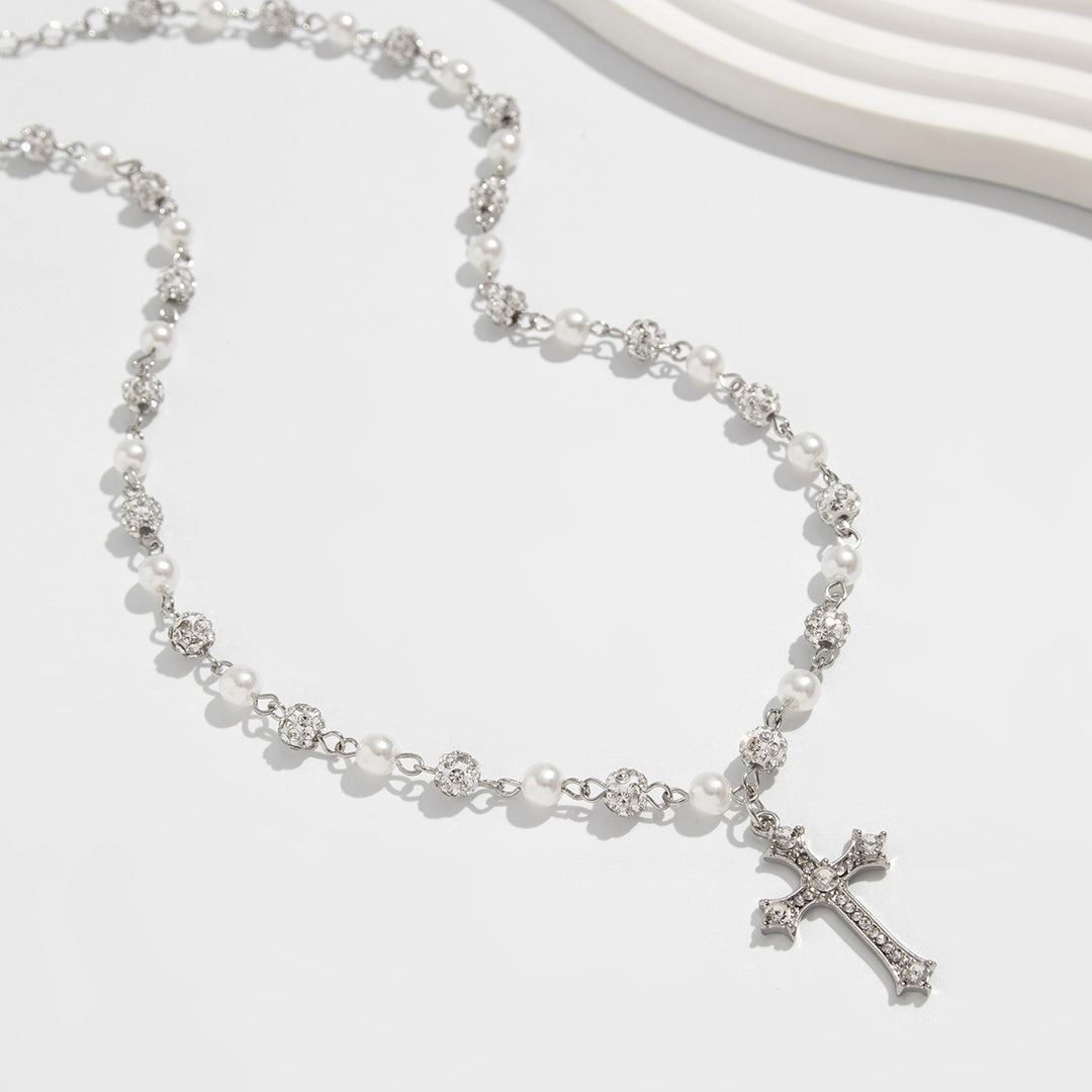Pearl Shambhala Ball Cross Necklace, Vintage Hip Hop Adjustable Diamond Unisex Clavicle Chain for Men & Women