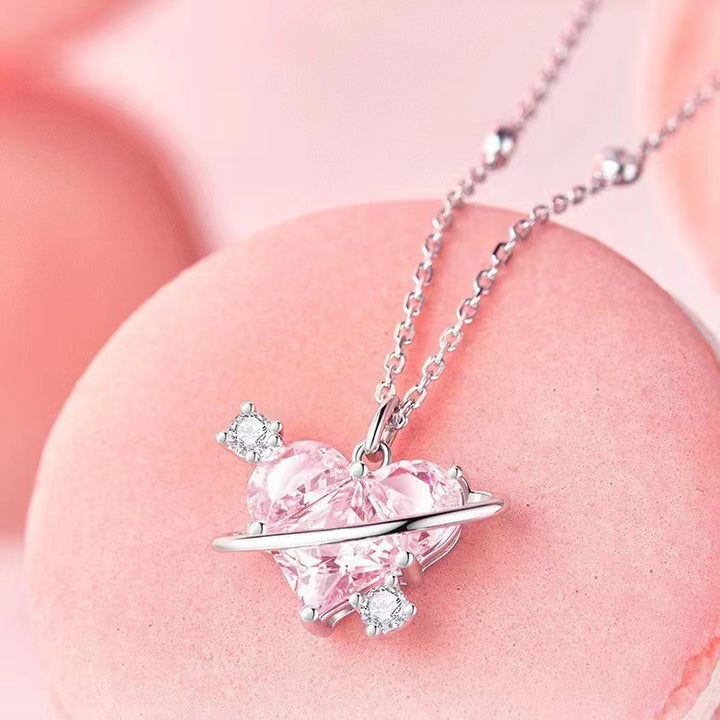 Planet Heart Diamond Necklace, Sweet Saturn Wrapped Heart Collarbone Chain, Pink & Clear Diamond Available